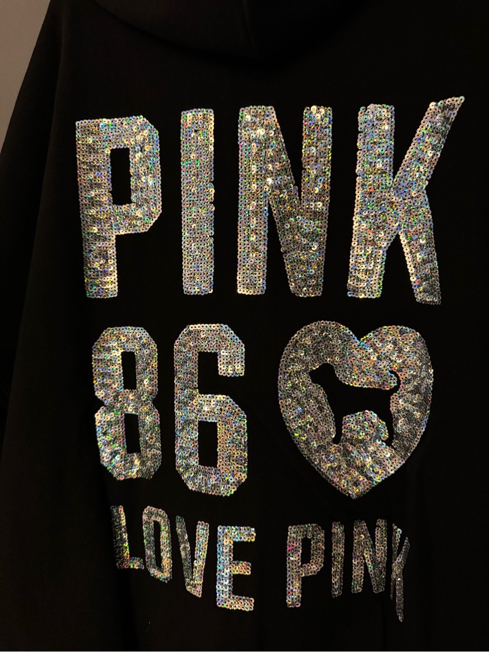 VS PINK CAMPUS FLEECE FULL ZIP HOODIE SWEATSHIRT BLACK BLING 86 LOVE HEART NWT - Picture 6 of 8